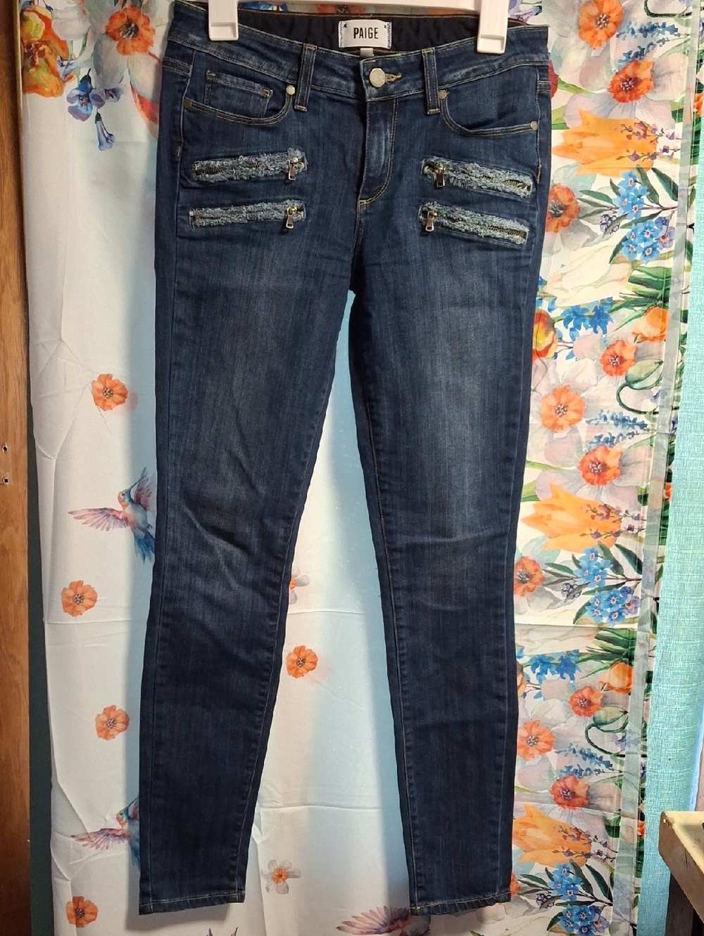 PAIGE Dark Blue Skinny Jeans with Zip-Accent Pockets Size 28